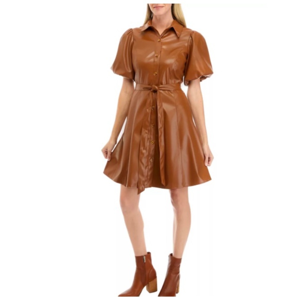 NWT Maison Tara Brown Puff Sleeve Faux Leather MIDI Dress size 10